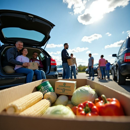 Photo of people, cars, boxes of food.